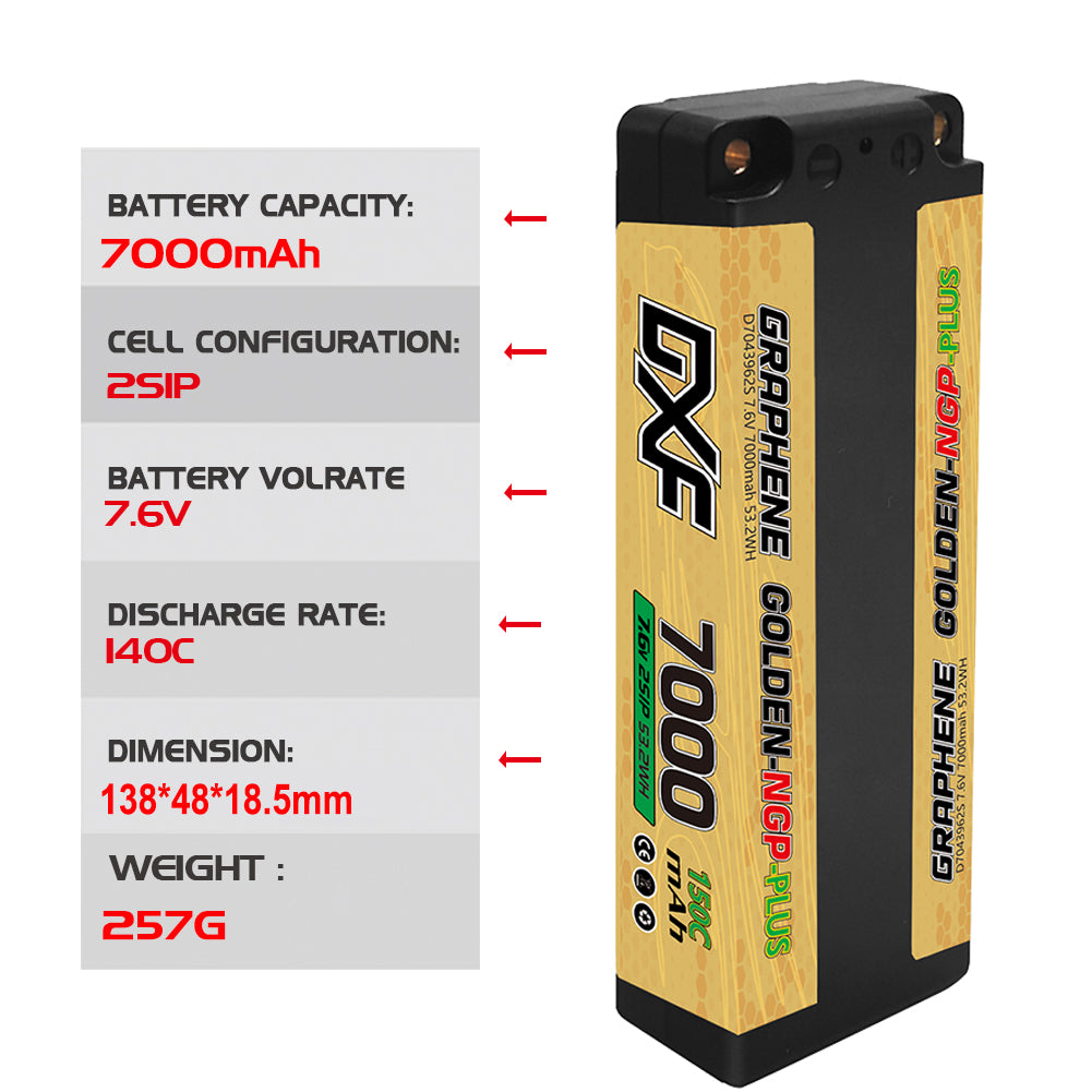 DXF LiPo Battery 2S HV 7.6V 7000mAh 150C Graphene NGP Plus Gold Version with 5mm Bullet / EC5 / T / TRX / XT60 / XT90 / XT150 / Q8s Plug for RC 1/10 1/8 Scale Car Racing