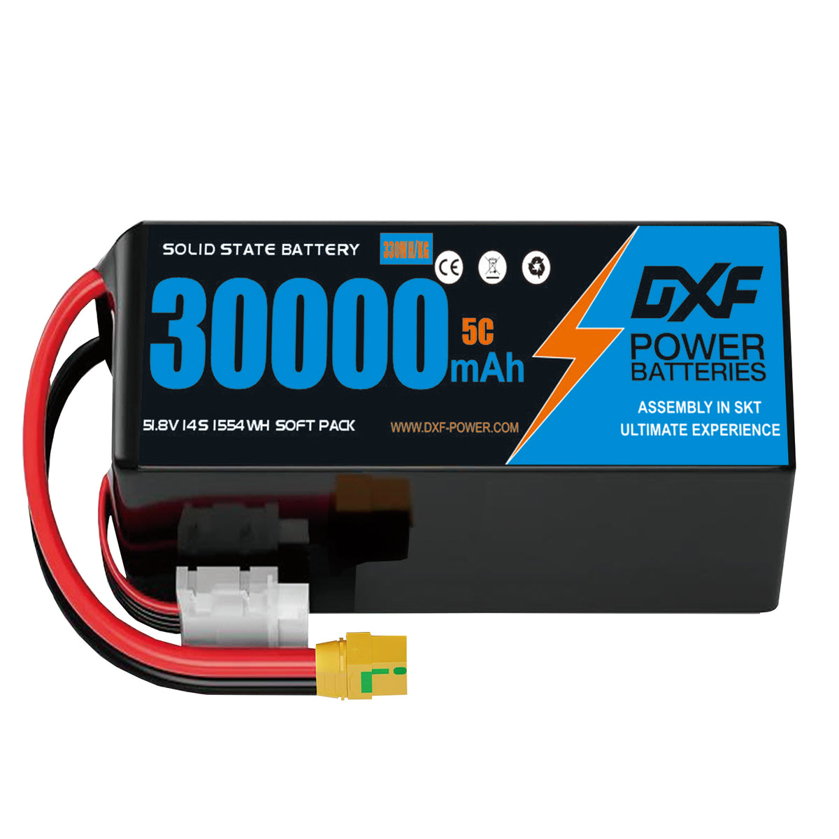 DXF SEMI-SOLID 14S 51.8V 30000mAh 5C Soft Case LiPo Battery with 8AWG Wire for Toy Cars, Boats, UAVs & Drones (1-6 Pack)