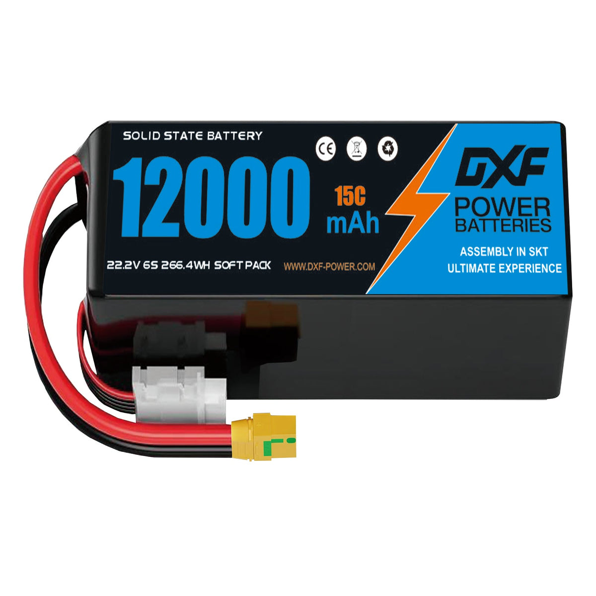 DXF 6S 22.2V 12000mAh 15C Soft Case LiPo Battery with 8AWG Wire for Toy Cars, Boats, UAVs & Drones (1-6 Pack)