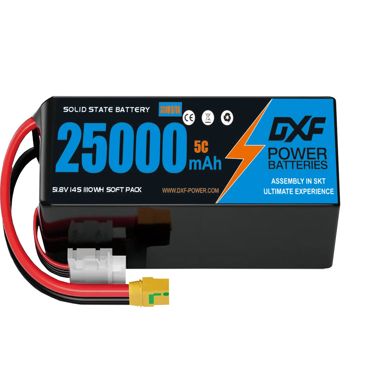 DXF SEMI-SOLID 14S 51.8V 25000mAh 5C Soft Case LiPo Battery with 8AWG Wire for Toy Cars, Boats, UAVs & Drones (1-6 Pack)