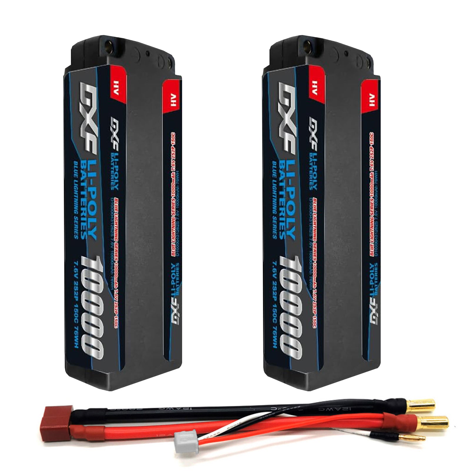 DXF Gray 2S HV 7.6V 10000mAh 150C Hardcase LiPo Battery with 5mm to Deans/T-Plug & 12AWG Wire (1-6 Pack)