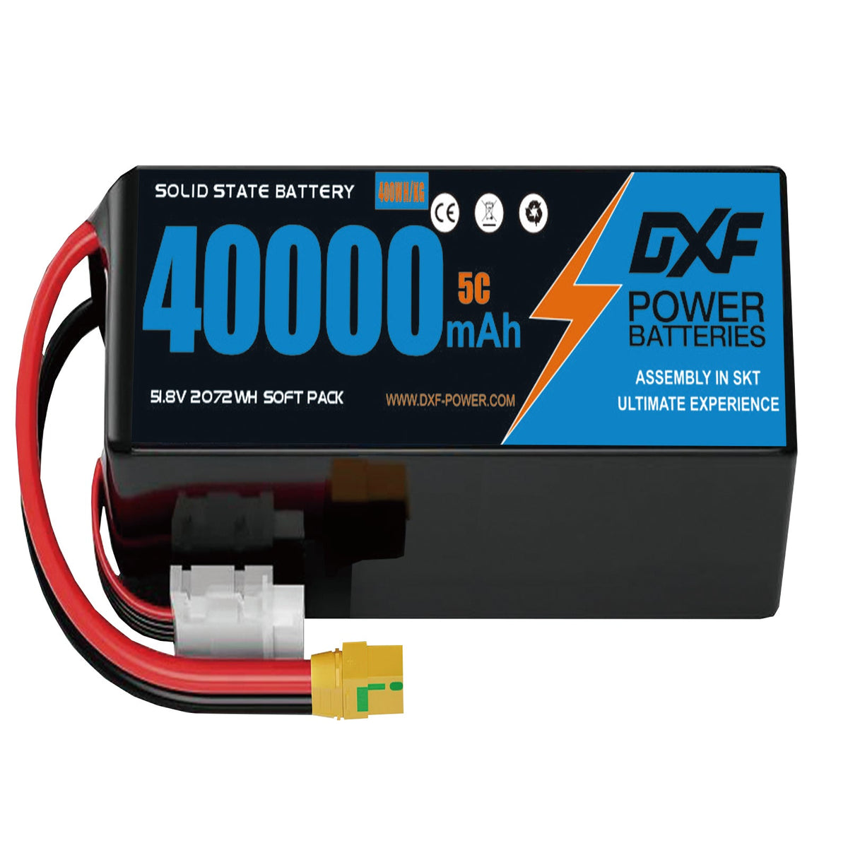 DXF SEMI-SOLID 14S 51.8V 40000mAh 5C Soft Case LiPo Battery with 8AWG Wire for Toy Cars, Boats, UAVs & Drones (1-6 Pack)