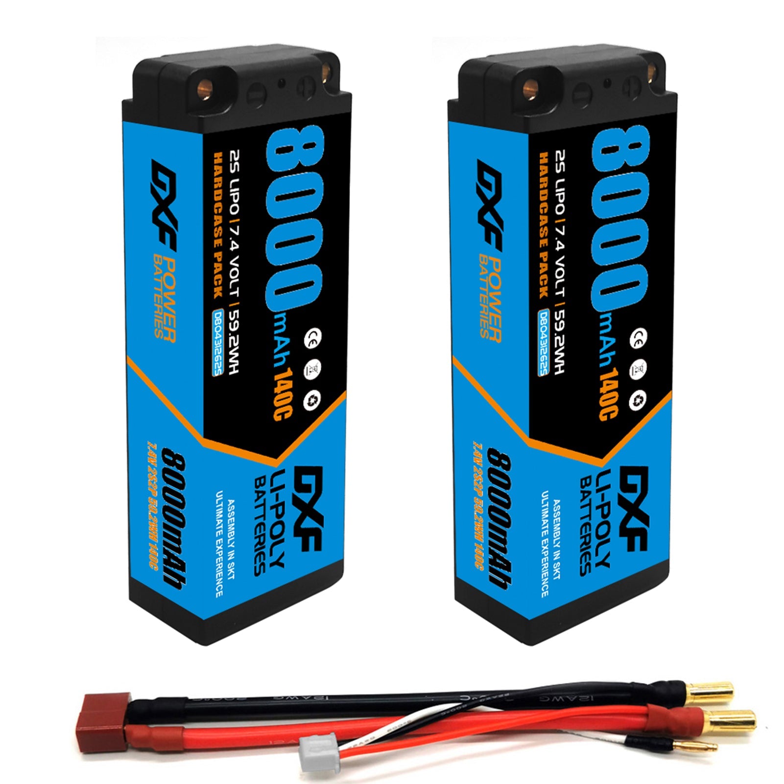 DXF 2S 7.4V 8000mAh 140C Blue Label Graphene LiPo Hardcase Battery with 12AWG 5mm Bullet to Deans Plug for 1/8 1/10 RC Car Truck Boat Drone (1-6 Pack Available)