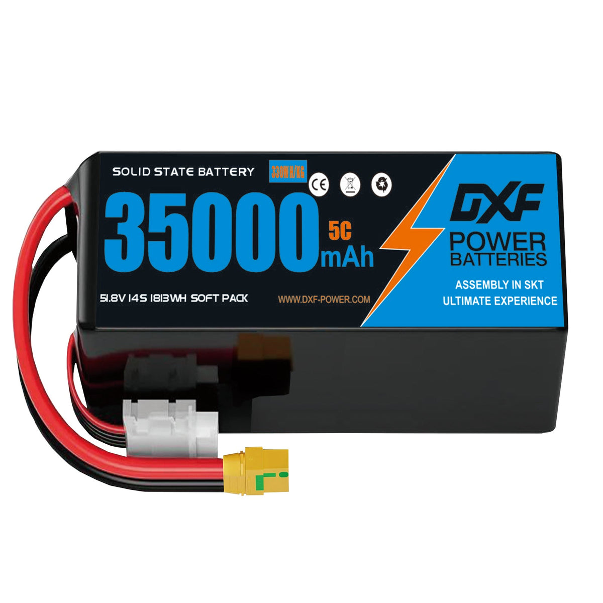 DXF SEMI-SOLID 14S 51.8V 35000mAh 5C Soft Case LiPo Battery with 8AWG Wire for UAVs & Drones (1-6 Pack)