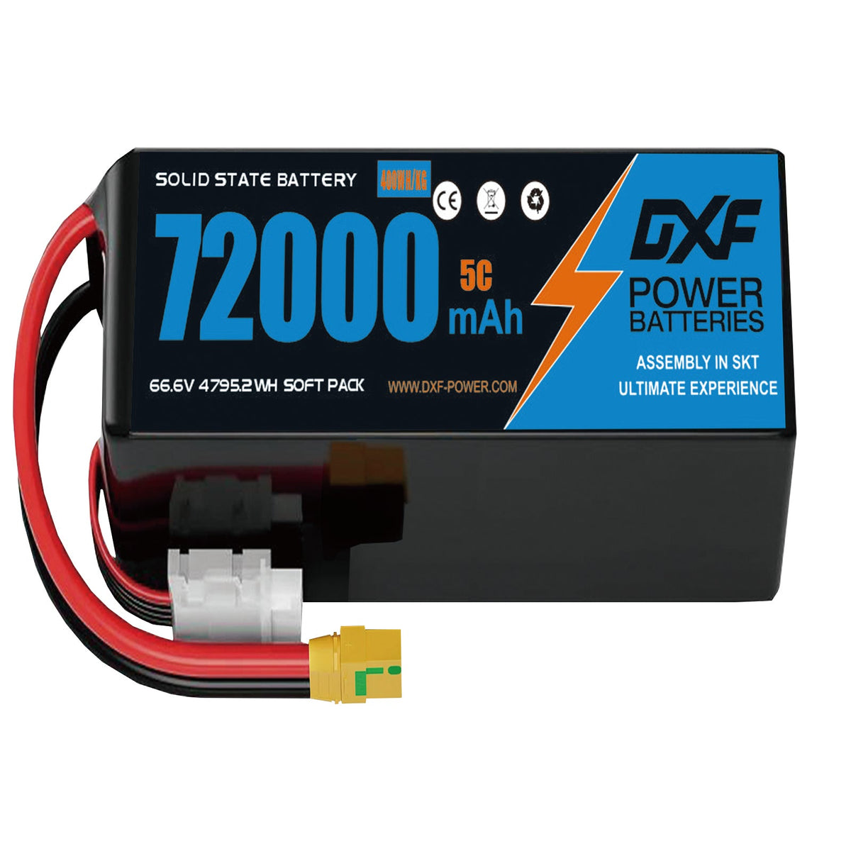 DXF SEMI-SOLID 18S 66.6V 72000mAh 5C Soft Case LiPo Battery with 8AWG Wire for Toy Cars, Boats, UAVs & Drones (1-6 Pack)