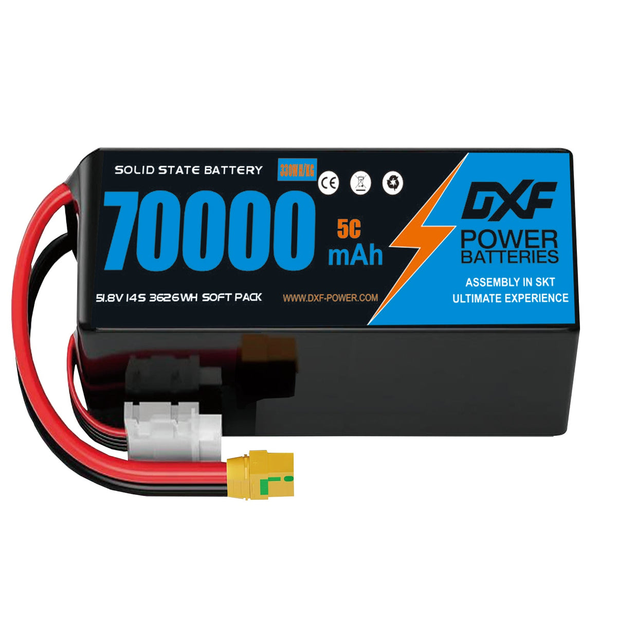 DXF SEMI-SOLID 14S 51.8V 70000mAh 5C Soft Case LiPo Battery with 8AWG Wire for UAVs & Drones (1-6 Pack)