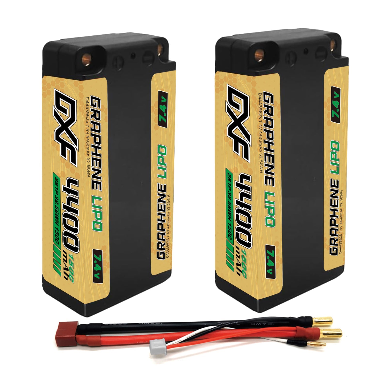 DXF NGP‑PLUS 2S 7.4V 4400mAh 150C Graphene Shorty Hardcase LiPo Battery with 5mm Bullet & Deans T-Plug, BRCA Certified (1-6 Pack)