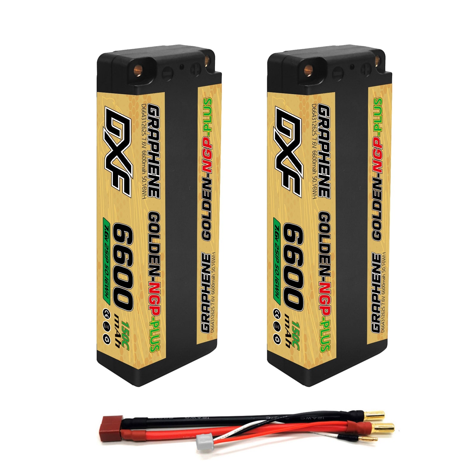 DXF GOLDEN-NGP PLUS 2S HV 7.6V 6600mAh 150C EFRA Hardcase LiPo Battery, 5mm Bullet to Deans T-Plug (1-6 Pack)