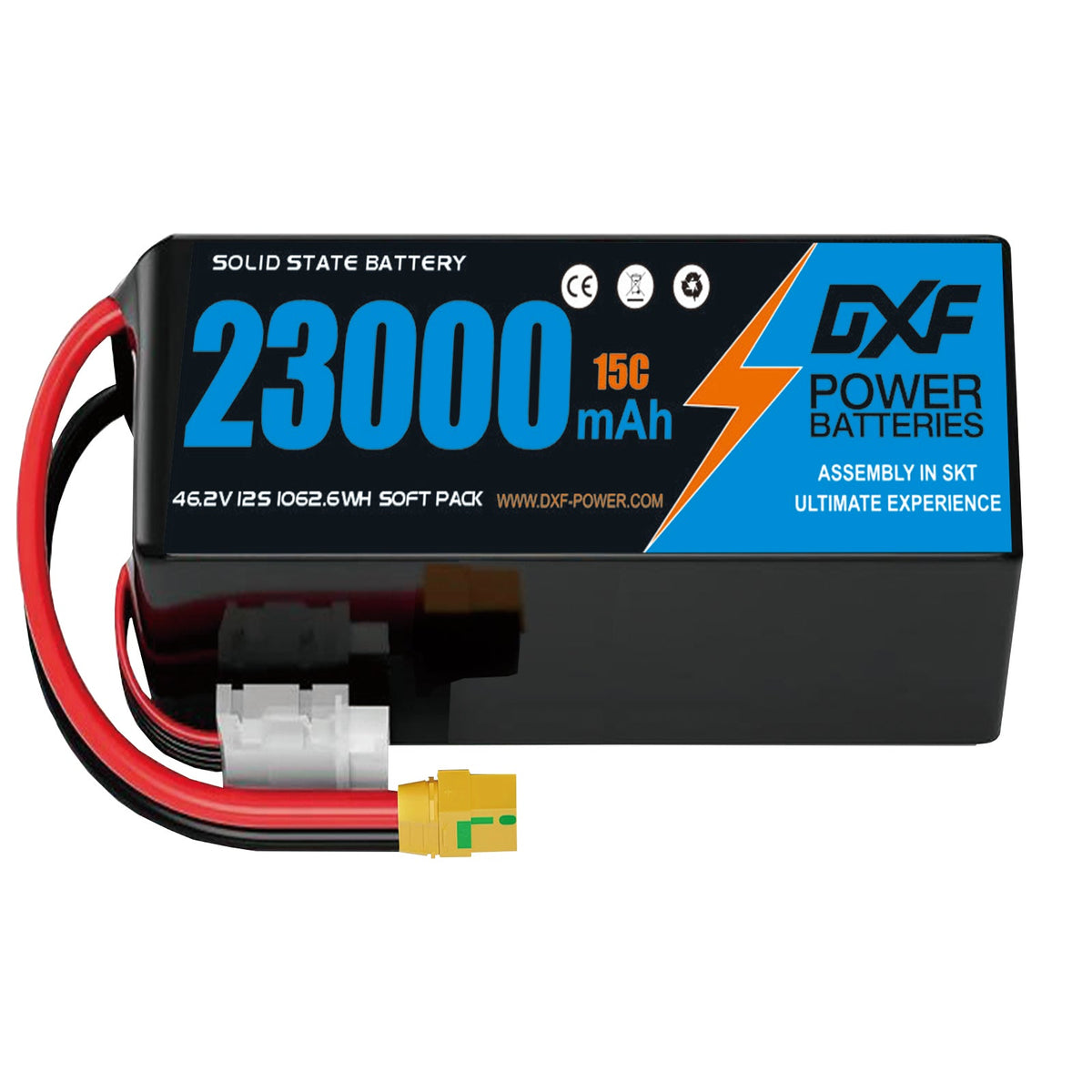 DXF SEMI-SOLID 12S 46.2V 23000mAh 15C Soft Case LiPo Battery with 8AWG Wire for Toy Cars, Boats, UAVs & Drones (1-6 Pack)