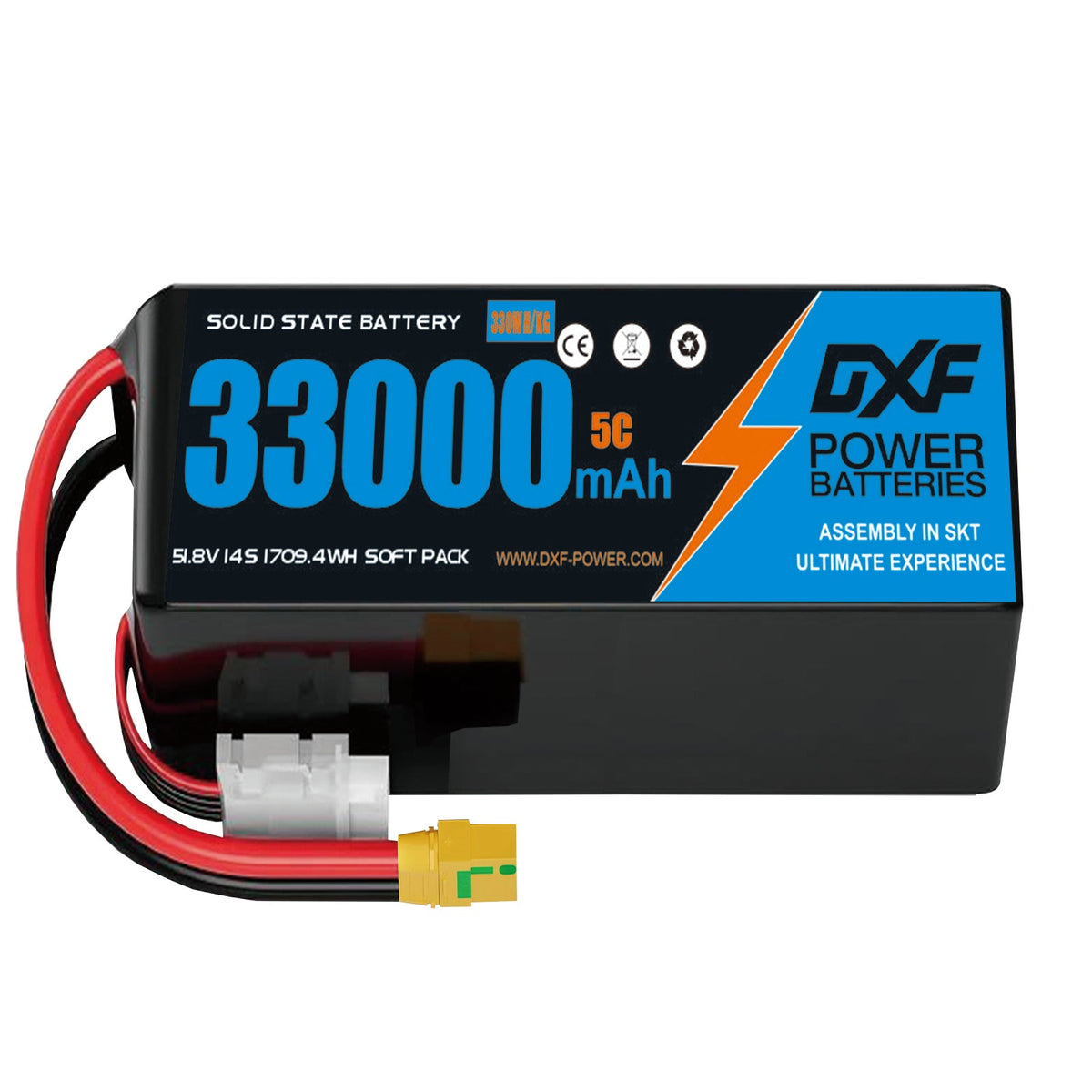 DXF SEMI-SOLID 14S 51.8V 33000mAh 5C Soft Case LiPo Battery with 8AWG Wire for Toy Cars, Boats, UAVs & Drones (1-6 Pack)