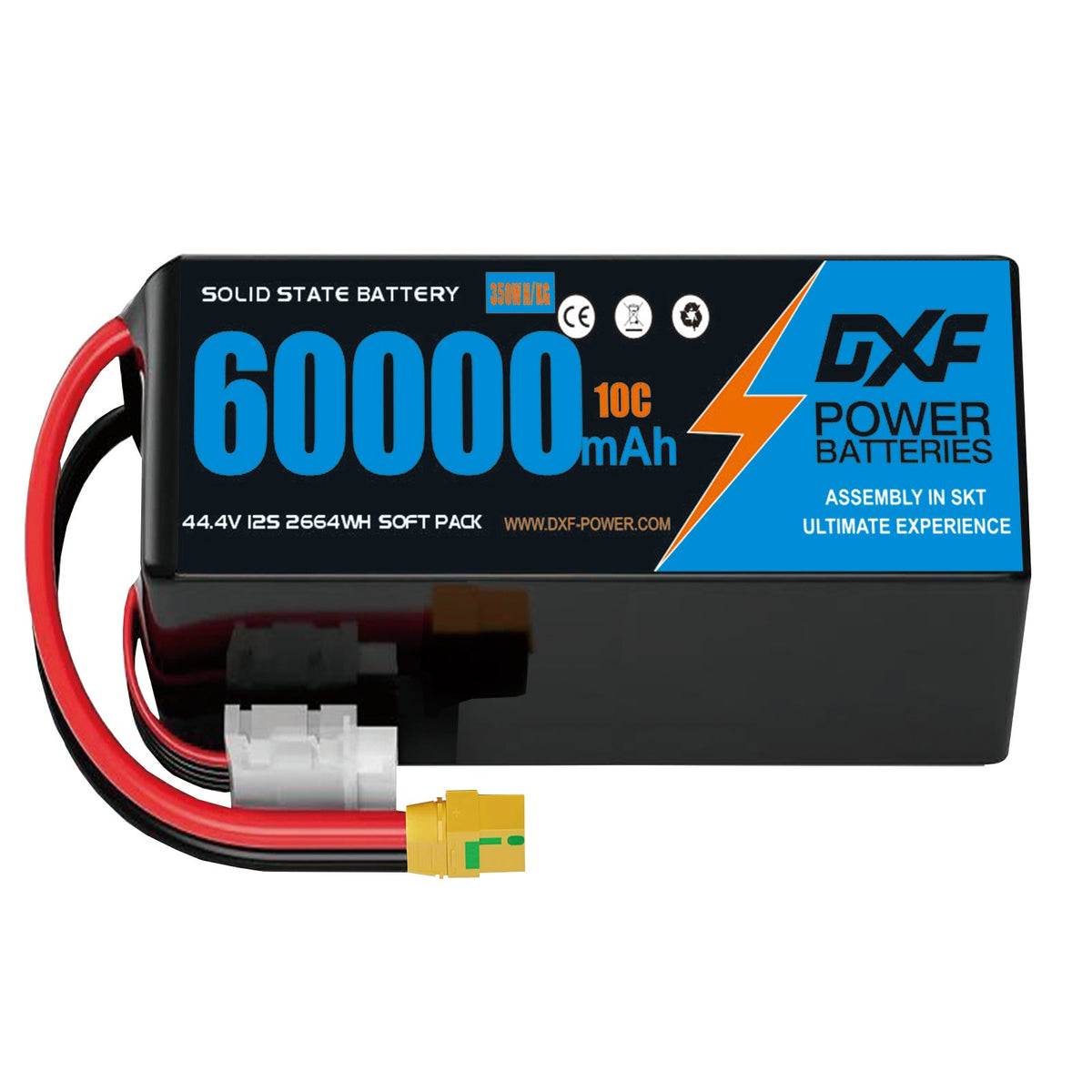DXF SEMI-SOLID 12S 44.4V 60000mAh 10C Soft Case LiPo Battery with 8AWG Wire for Toy Cars, Boats, UAVs & Drones (1-6 Pack)