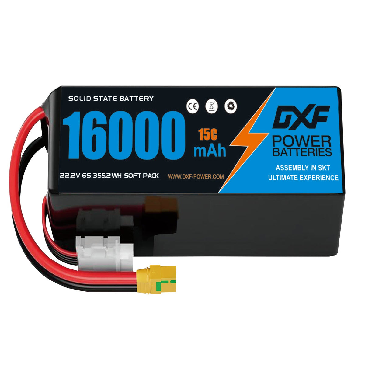 DXF 6S 22.2V 16000mAh 15C Soft Case LiPo Battery with 8AWG Wire for Toy Cars, Boats, UAVs & Drones (1-6 Pack)