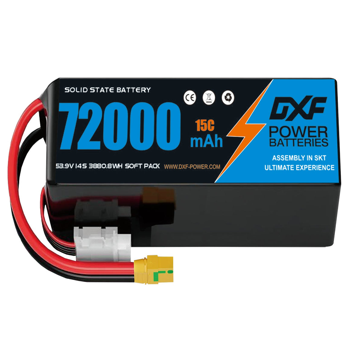 DXF SEMI-SOLID 14S 53.9V 72000mAh 15C Soft Case LiPo Battery with 8AWG Wire for Toy Cars, Boats, UAVs & Drones (1-6 Pack)
