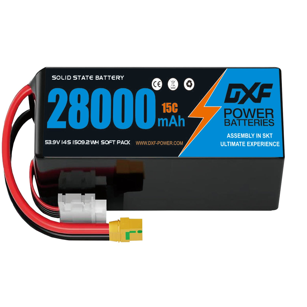 DXF SEMI-SOLID 14S 53.9V 28000mAh 15C Soft Case LiPo Battery with 8AWG Wire for Toy Cars, Boats, UAVs & Drones (1-6 Pack)