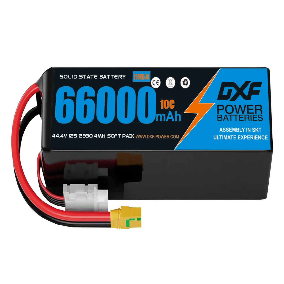DXF SEMI-SOLID 12S 44.4V 66000mAh 10C Soft Case LiPo Battery with 8AWG Wire for Toy Cars, Boats, UAVs & Drones (1-6 Pack)