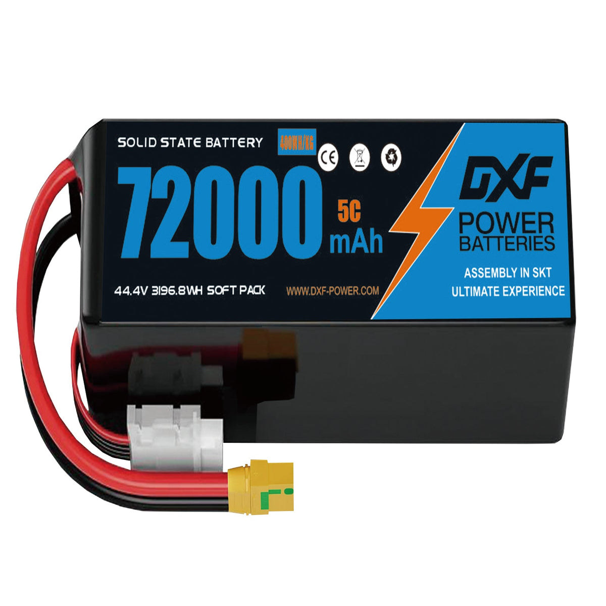 DXF 12S 44.4V 72000mAh 5C Soft Case LiPo Battery with 8AWG Wire for Toy Cars, Boats, UAVs & Drones (1-6 Pack)