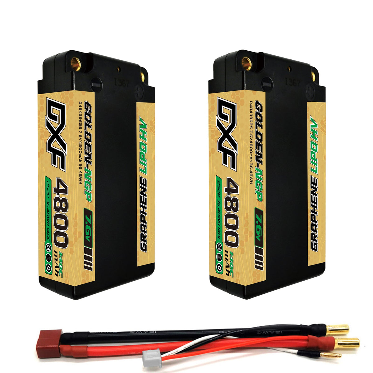 DXF 2S 7.6V 4800mAh 140C Shorty Hardcase LiPo Battery with 5mm Bullet to Deans T-Plug for 1/10 RC Buggies, Cars (1-6 Pack Available)