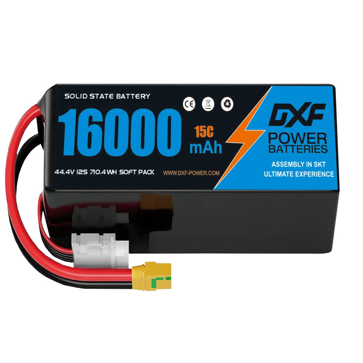 DXF SEMI-SOLID 12S 44.4V 16000mAh 15C Soft Case LiPo Battery with 8AWG Wire for Toy Cars, Boats, UAVs & Drones (1-6 Pack)