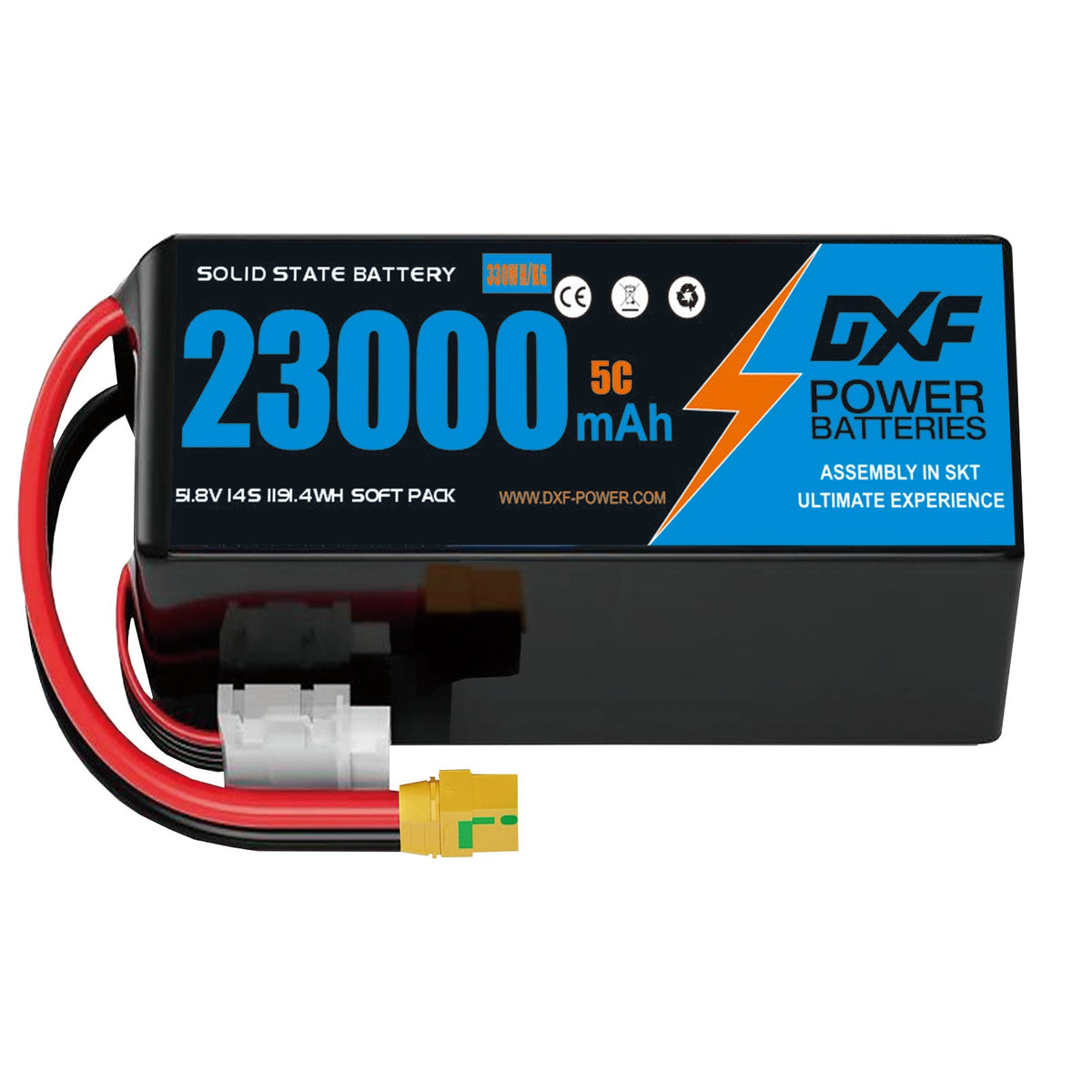 DXF SEMI-SOLID 14S 51.8V 23000mAh 5C Soft Case LiPo Battery with 8AWG Wire for UAVs & Drones (1-6 Pack)