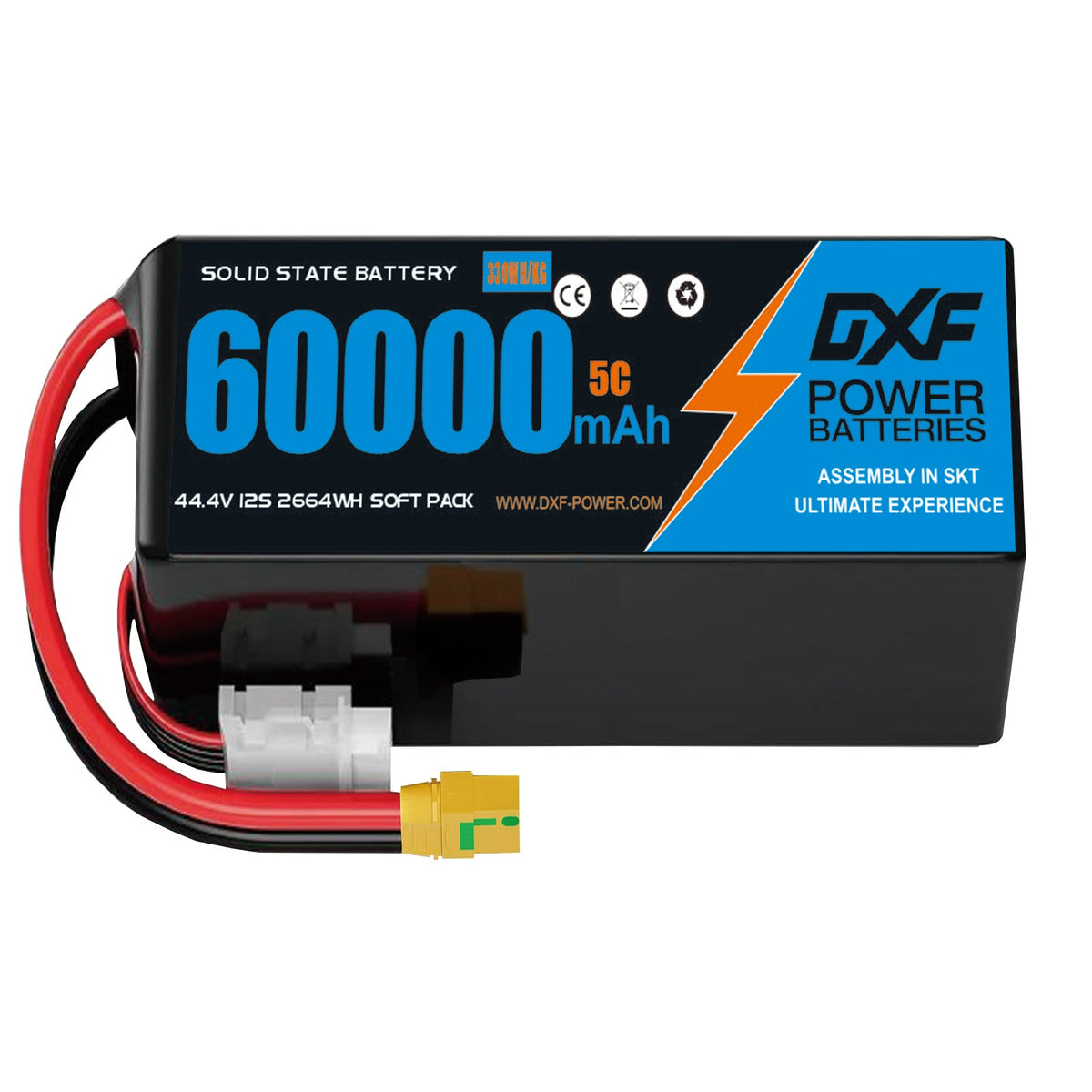 DXF SEMI-SOLID 12S 44.4V 60000mAh 5C Soft Case LiPo Battery with 8AWG Wire for Toy Cars, Boats, UAVs & Drones (1-6 Pack)
