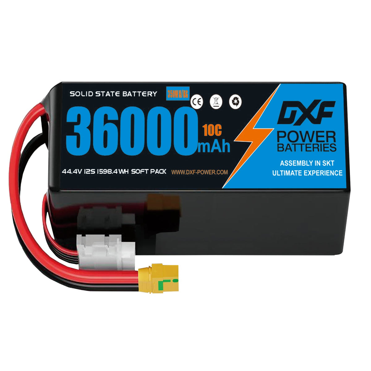 DXF SEMI-SOLID 12S 44.4V 36000mAh 10C Soft Case LiPo Battery with 8AWG Wire for Toy Cars, Boats, UAVs & Drones (1-6 Pack)