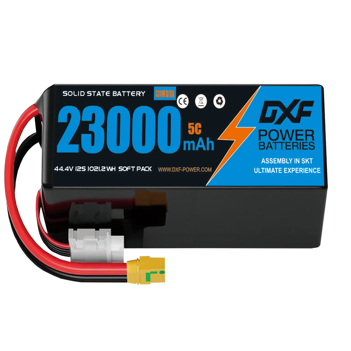DXF SEMI-SOLID 12S 44.4V 23000mAh 5C Soft Case LiPo Battery with 8AWG Wire for UAVs & Drones (1-6 Pack)