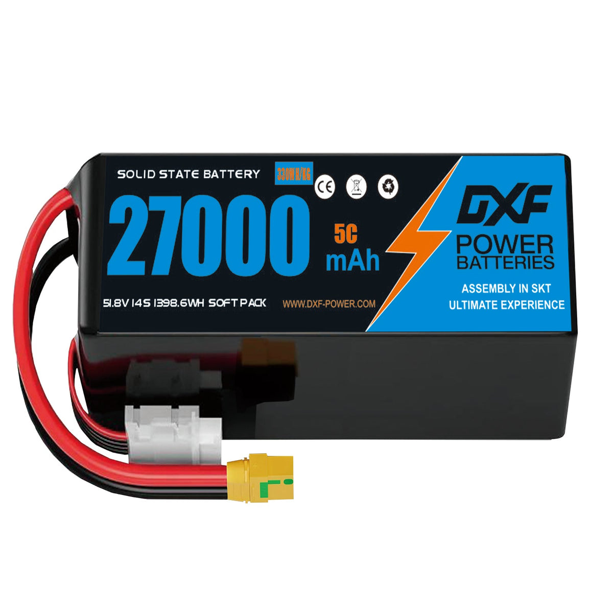 DXF SEMI-SOLID 14S 51.8V 27000mAh 5C Soft Case LiPo Battery with 8AWG Wire for Toy Cars, Boats, UAVs & Drones (1-6 Pack)