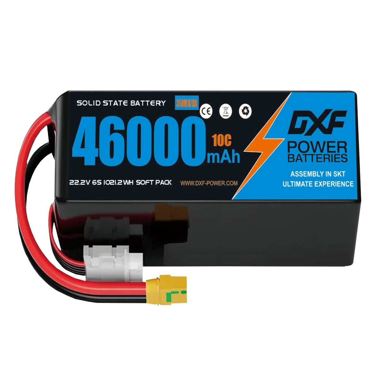 DXF SEMI-SOLID 12S 44.4V 46000mAh 10C Soft Case LiPo Battery with 8AWG Wire for Toy Cars, Boats, UAVs & Drones (1-6 Pack)