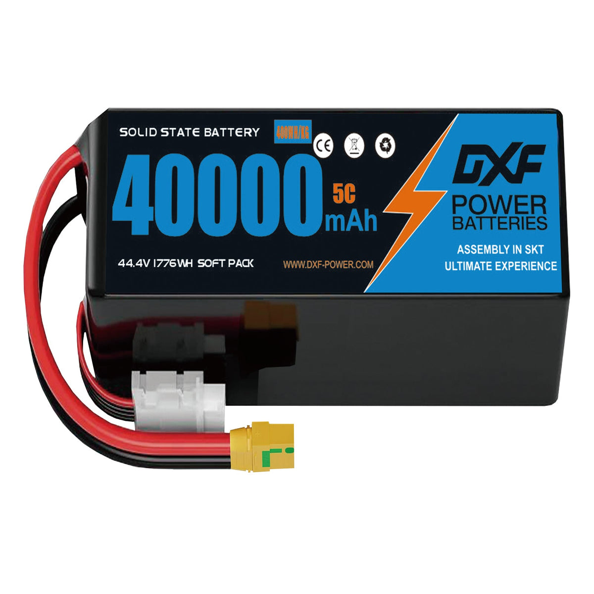 DXF SEMI-SOLID 12S 44.4V 40000mAh 5C Soft Case LiPo Battery with 8AWG Wire for Toy Cars, Boats, UAVs & Drones (1-6 Pack)