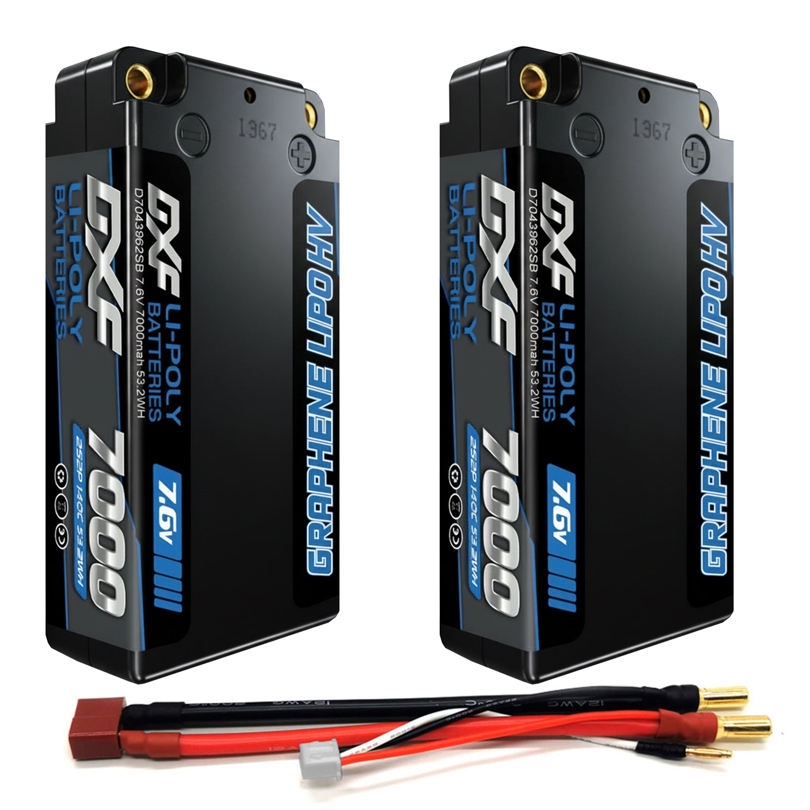 DXF BLUE Series 2S HV 7.6V 7000mAh 140C Graphene 5mm Shorty Hardcase LiPo with Deans/T-Plug (1-6 Pack)