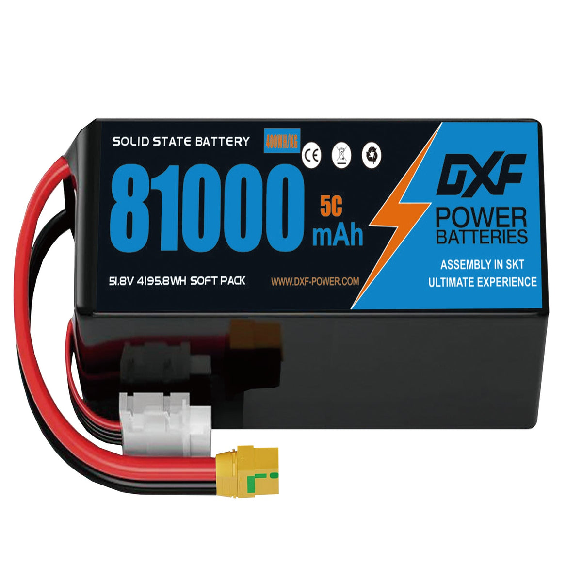 DXF 14S 51.8V 81000mAh 5C Soft Case LiPo Battery with 8AWG Wire for Toy Cars, Boats, UAVs & Drones (1-6 Pack)