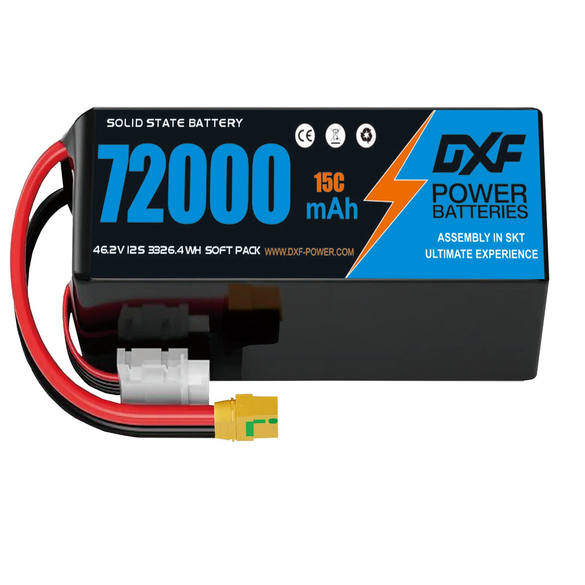 DXF SEMI-SOLID 12S 46.2V 72000mAh 15C Soft Case LiPo Battery with 8AWG Wire for Toy Cars, Boats, UAVs & Drones (1-6 Pack)