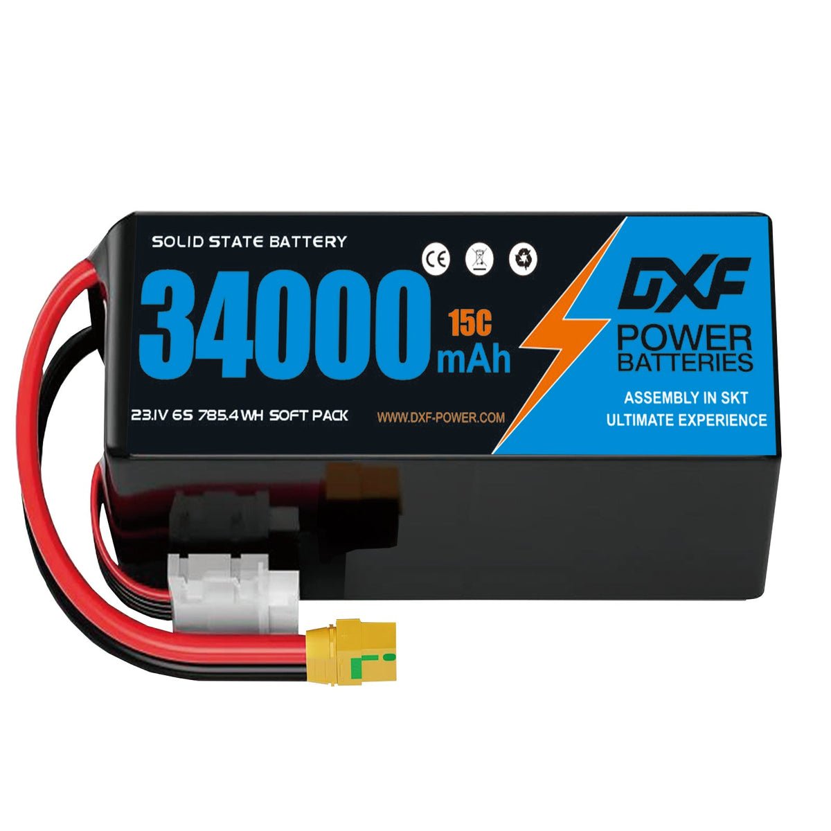 DXF 6S 23.1V 34000mAh 15C Soft Case LiPo Battery with 8AWG Wire for Toy Cars, Boats, UAVs & Drones (1-6 Pack)