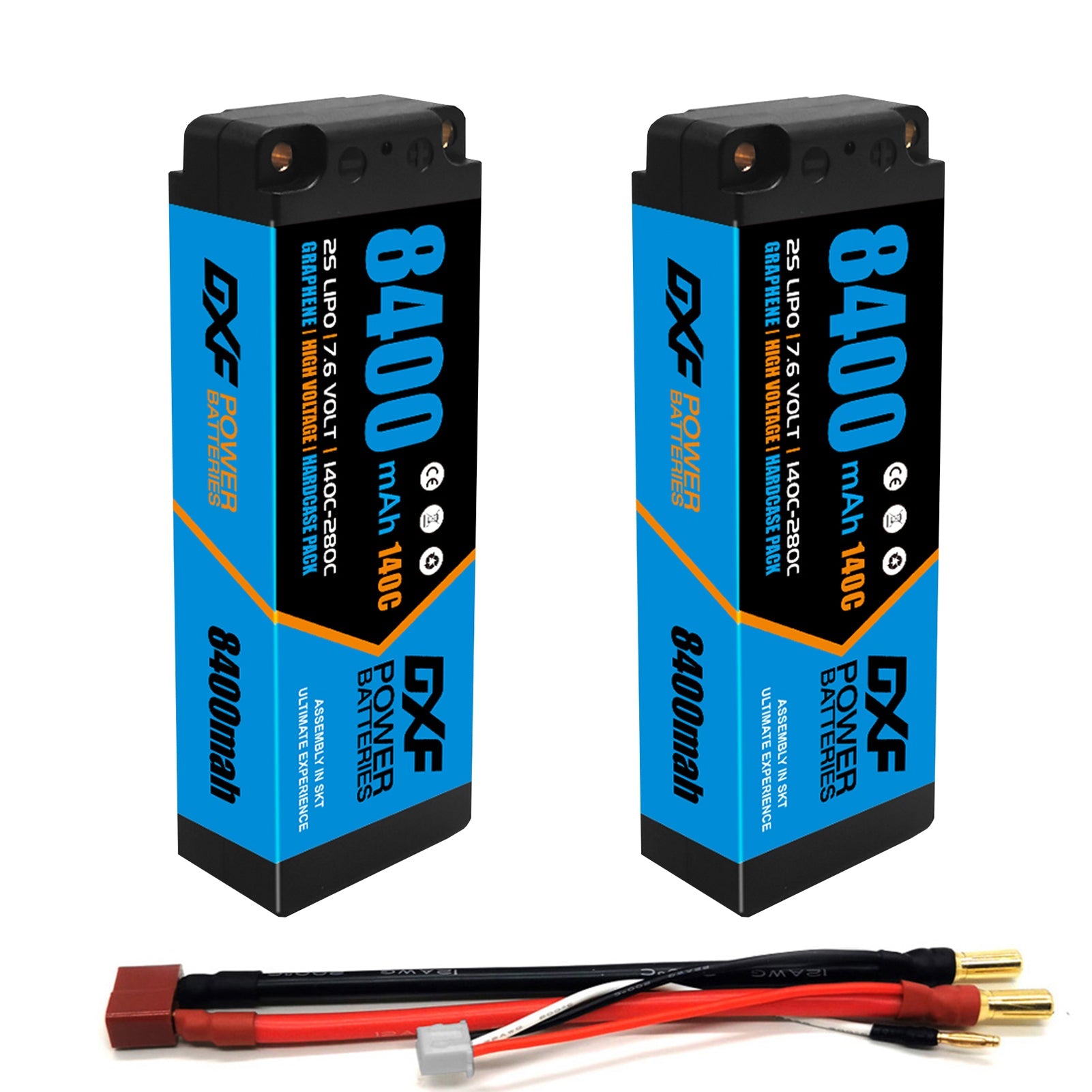 DXF BLUE 2S HV 7.6V 8400mAh 140C Graphene Slim Hardcase LiPo with 5mm to Deans/T-Plug & 10AWG Wire (1-6 Pack)