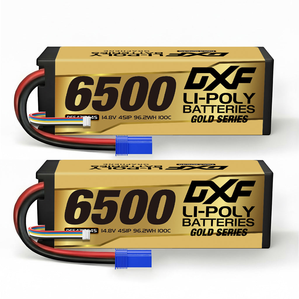 DXF Gold Series 4S 14.8V 6500mAh 100C Graphene Hardcase LiPo Battery with EC5 & 10AWG Wire (1-6 Pack)