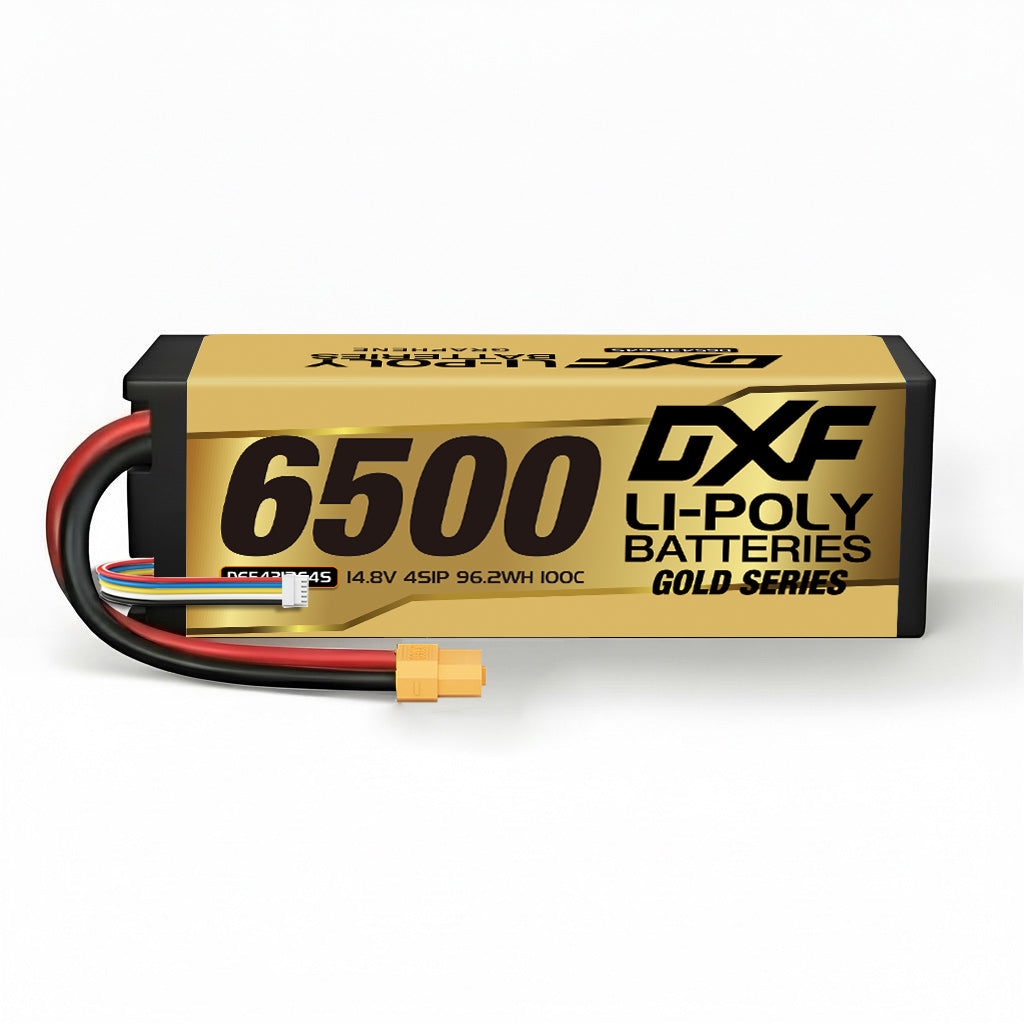 DXF Gold Series 4S 14.8V 6500mAh 100C Graphene Hardcase LiPo Battery with XT90 & 10AWG Wire (1-6 Pack)