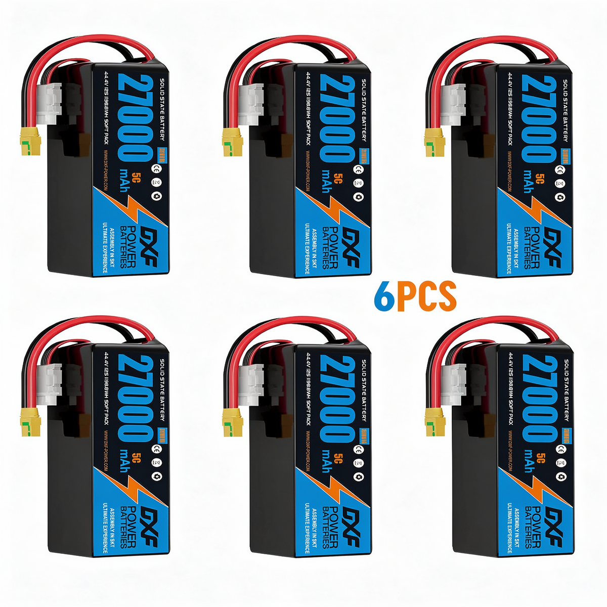 DXF SEMI-SOLID 12S 44.4V 27000mAh 5C Soft Case LiPo Battery with 8AWG Wire for UAVs & Drones (1-6 Pack)