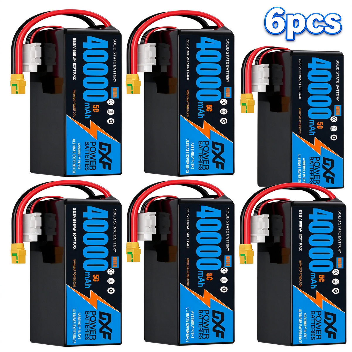 DXF SEMI-SOLID 6S 22.2V 40000mAh 5C Soft Case LiPo Battery with 8AWG Wire for Toy Cars, Boats, UAVs & Drones (1-6 Pack)