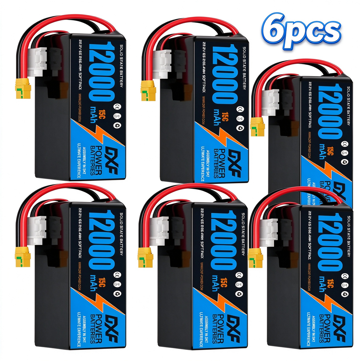 DXF 6S 22.2V 12000mAh 15C Soft Case LiPo Battery with 8AWG Wire for Toy Cars, Boats, UAVs & Drones (1-6 Pack)