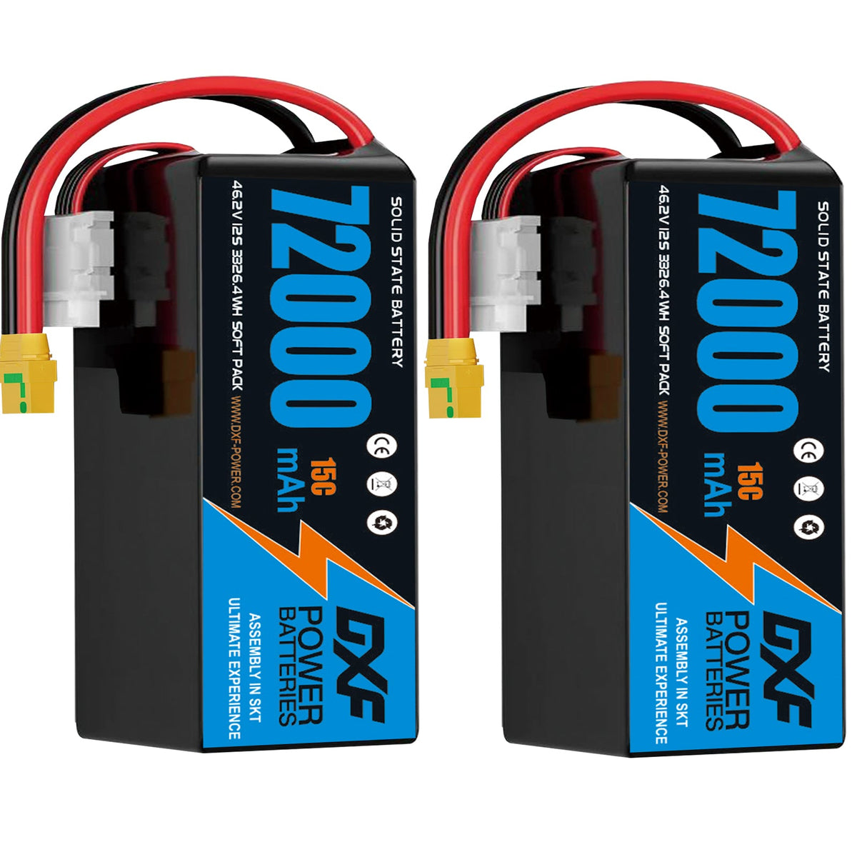 DXF SEMI-SOLID 12S 46.2V 72000mAh 15C Soft Case LiPo Battery with 8AWG Wire for Toy Cars, Boats, UAVs & Drones (1-6 Pack)