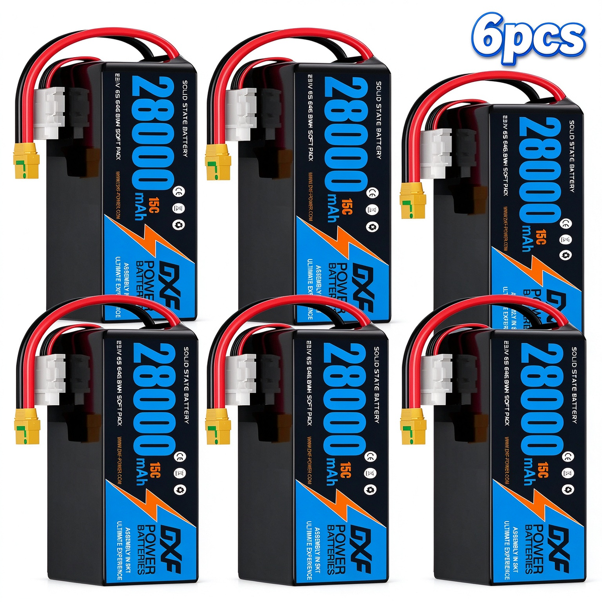 DXF 6S 23.1V 28000mAh 15C Soft Case LiPo Battery with 8AWG Wire for Toy Cars, Boats, UAVs & Drones (1-6 Pack)