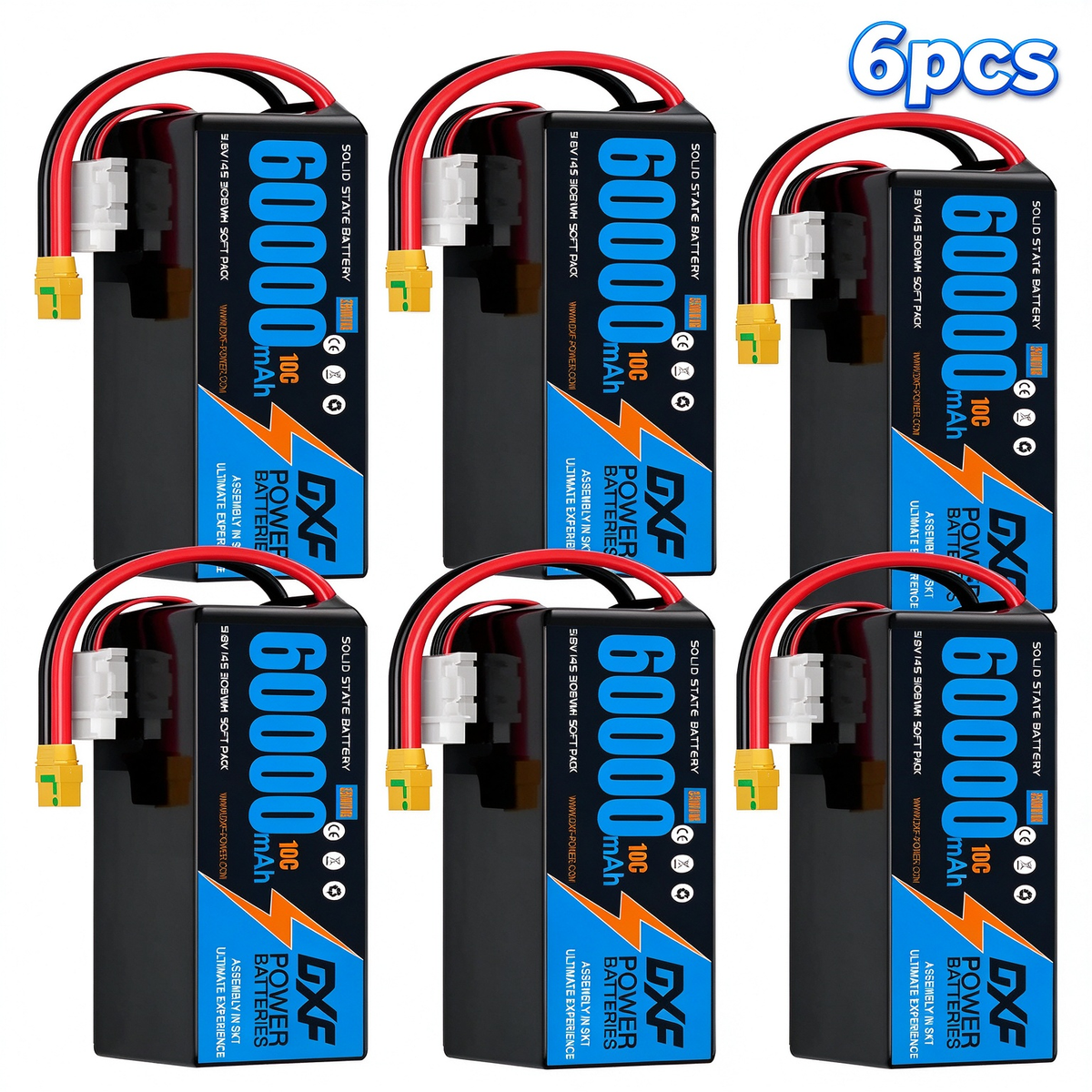 DXF SEMI-SOLID 14S 51.8V 60000mAh 10C Soft Case LiPo Battery with 8AWG Wire for Toy Cars, Boats, UAVs & Drones (1-6 Pack)