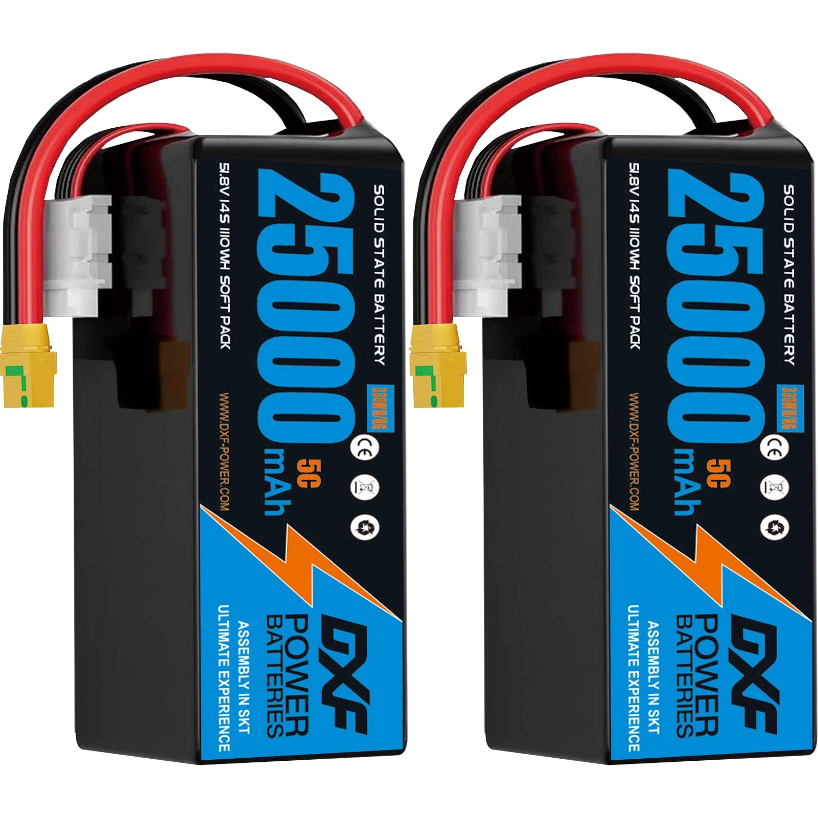 DXF SEMI-SOLID 14S 51.8V 25000mAh 5C Soft Case LiPo Battery with 8AWG Wire for Toy Cars, Boats, UAVs & Drones (1-6 Pack)
