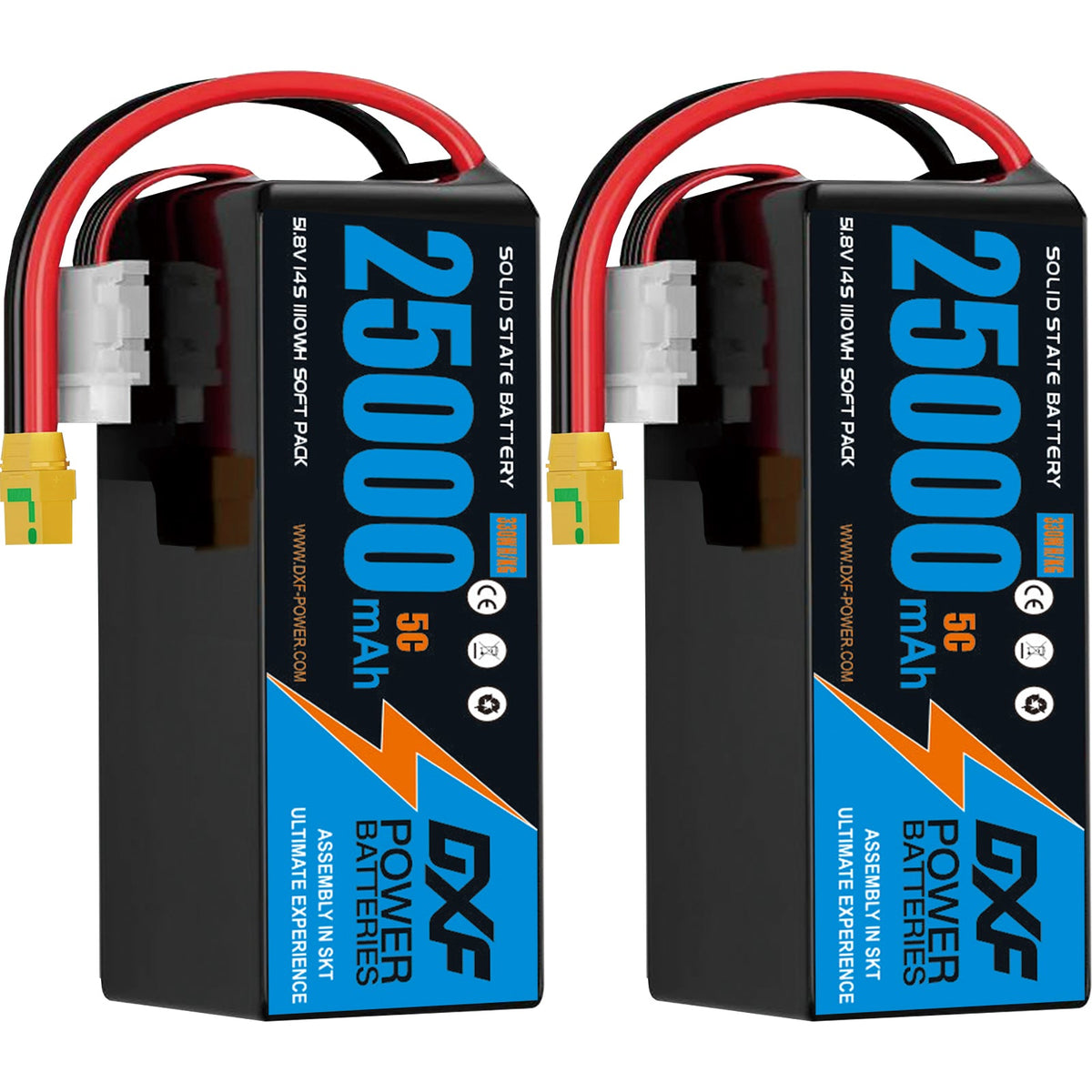 DXF SEMI-SOLID 14S 51.8V 25000mAh 5C Soft Case LiPo Battery with 8AWG Wire for Toy Cars, Boats, UAVs & Drones (1-6 Pack)