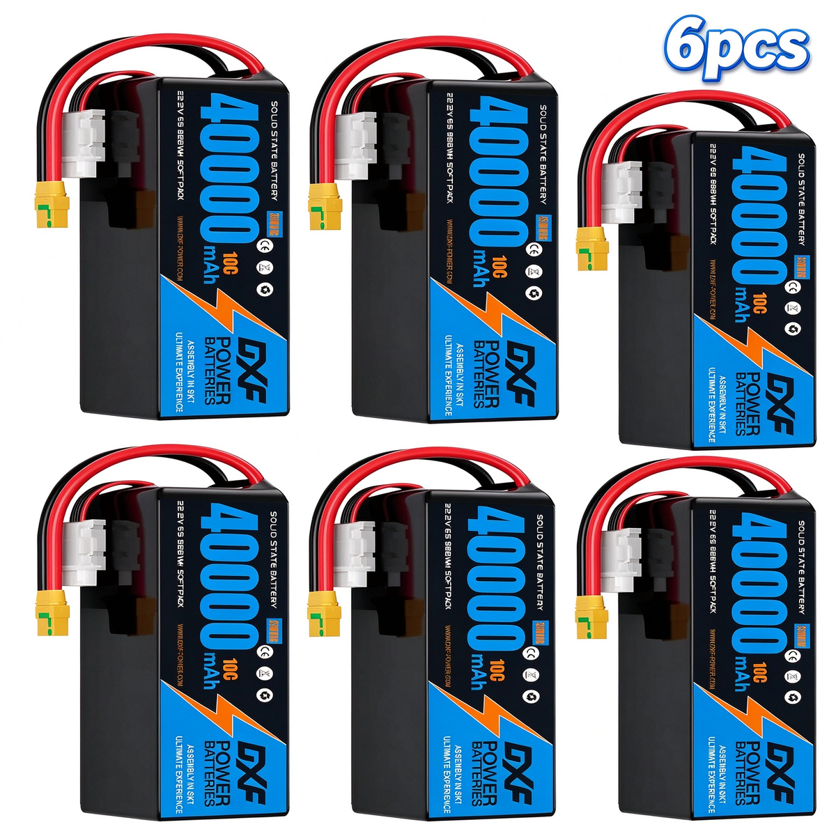 DXF 6S 22.2V 46000mAh 10C Soft Case LiPo Battery with 8AWG Wire for Toy Cars, Boats, UAVs & Drones (1-6 Pack)