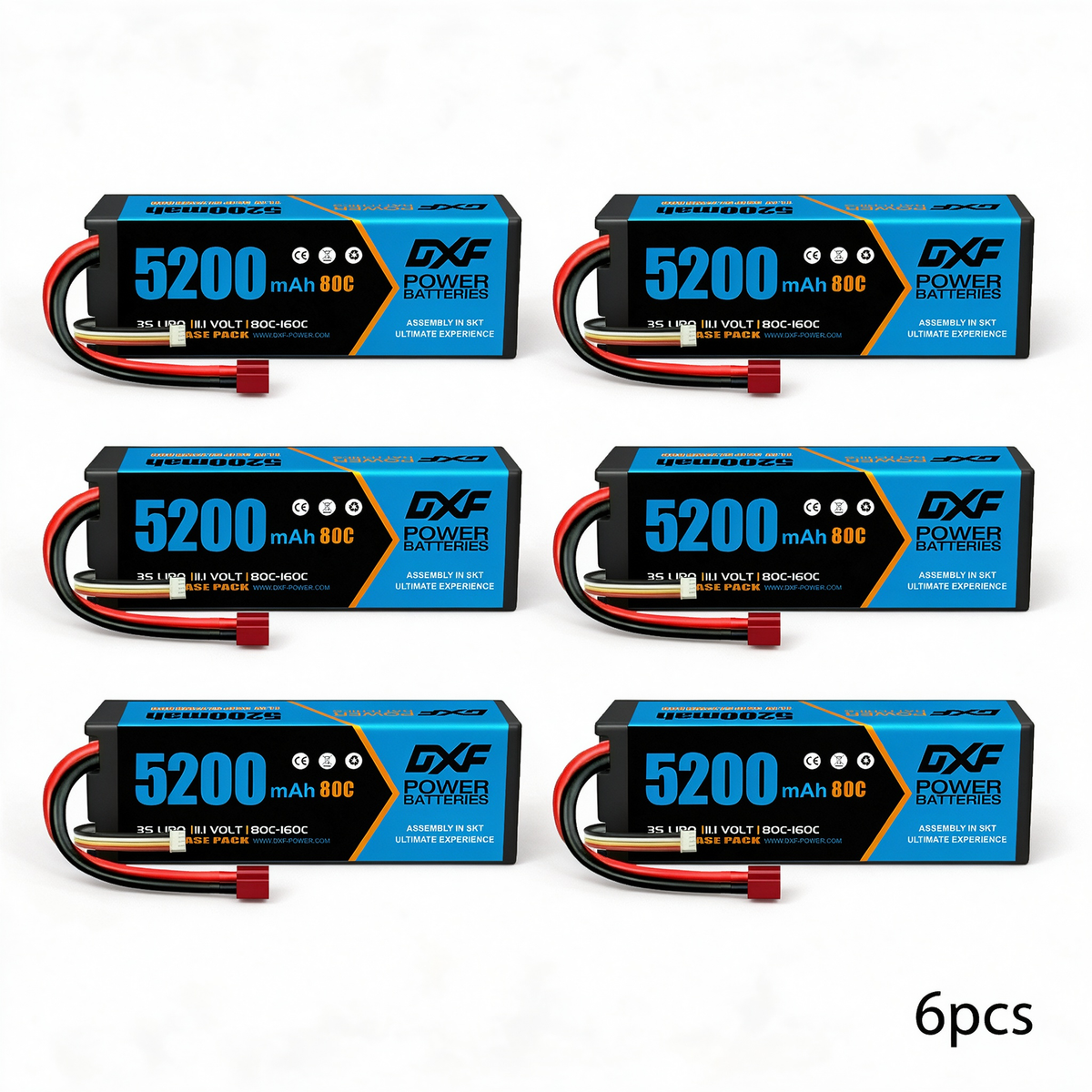 DXF BLUE Series 3S 11.1V 5200mAh 80C Hardcase LiPo with Deans/T-Plug & 10AWG Wire for Toy Cars, Boats, Aircraft & FPV Drones (1-6 Pack)