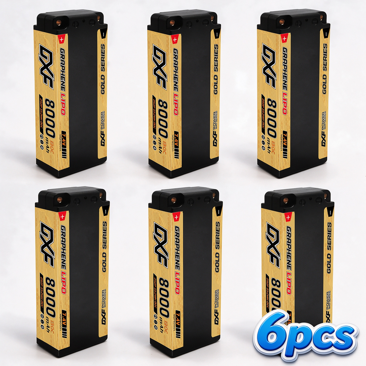 DXF 2S 7.4V 8000mAh 130C Golden NGP Graphene LiPo Hardcase Battery with 12AWG 5mm Bullet to Deans Plug for 1/8 1/10 RC Car Truck Boat Drone (1-6 Pack Available)