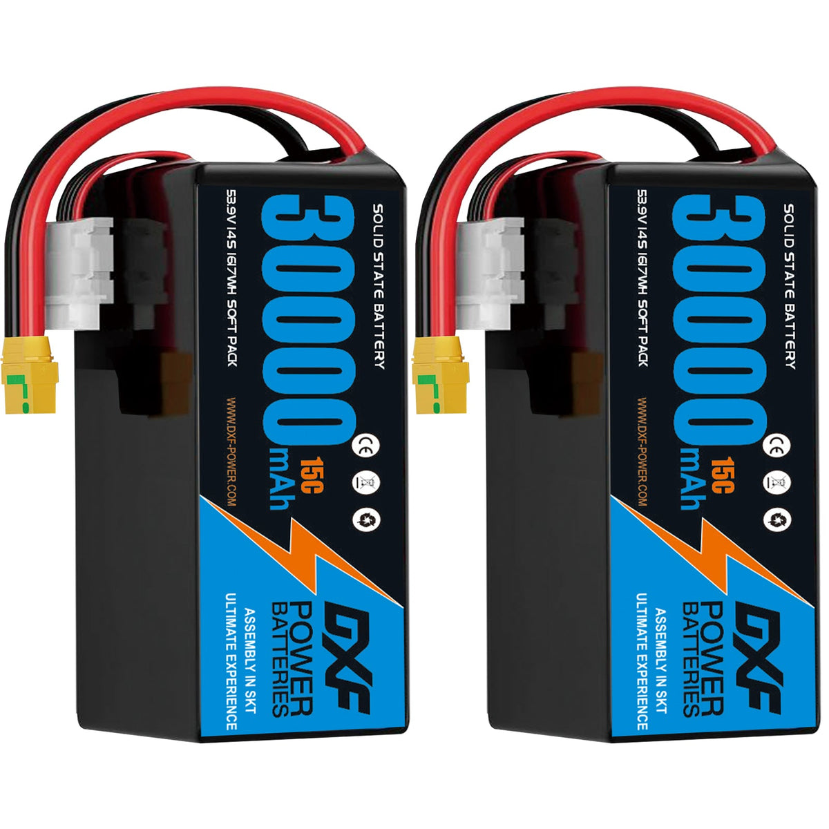 DXF SEMI-SOLID 14S 53.9V 30000mAh 15C Soft Case LiPo Battery with 8AWG Wire for Toy Cars, Boats, UAVs & Drones (1-6 Pack)