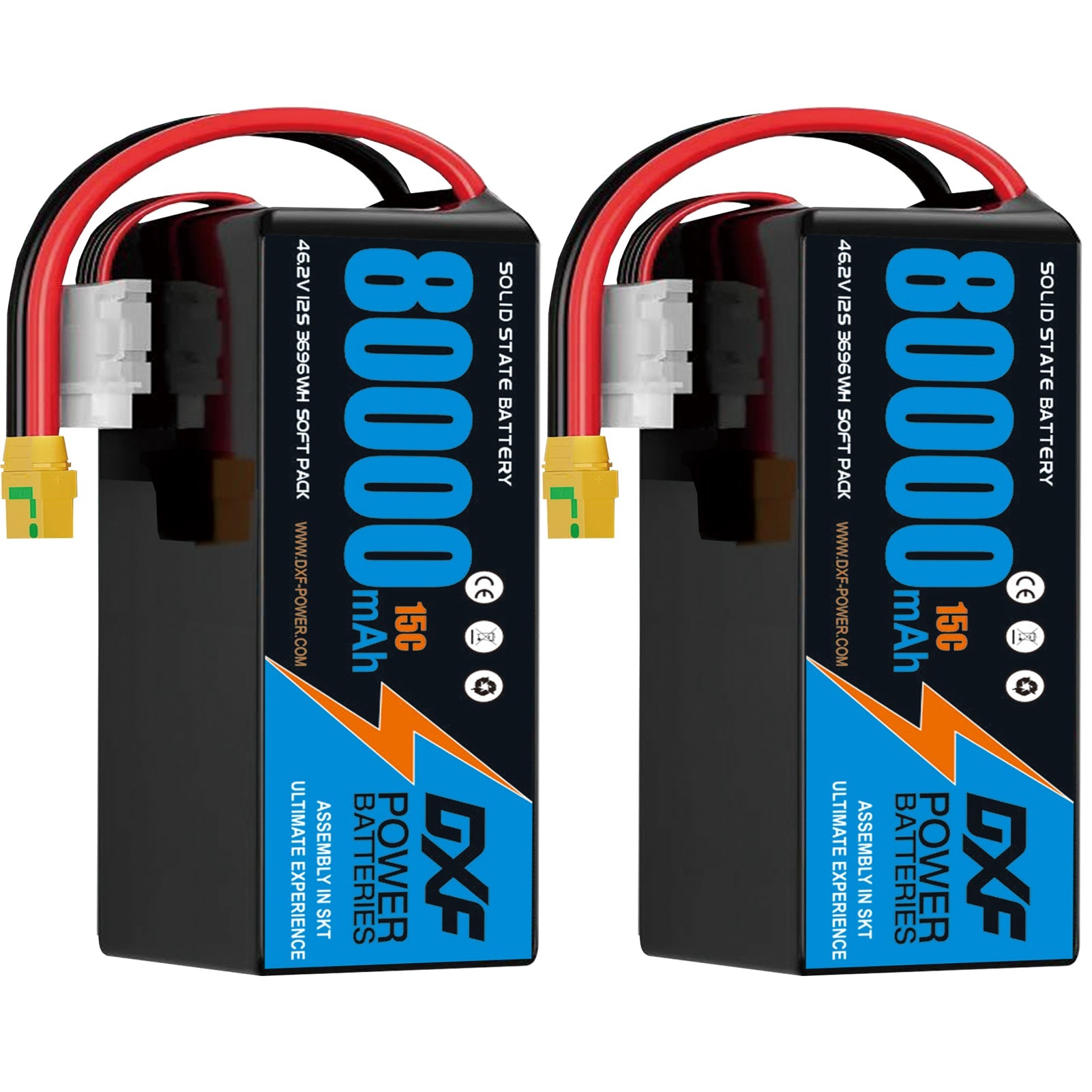 DXF SEMI-SOLID 12S 46.2V 80000mAh 15C Soft Case LiPo Battery with 8AWG Wire for Toy Cars, Boats, UAVs & Drones (1-6 Pack)