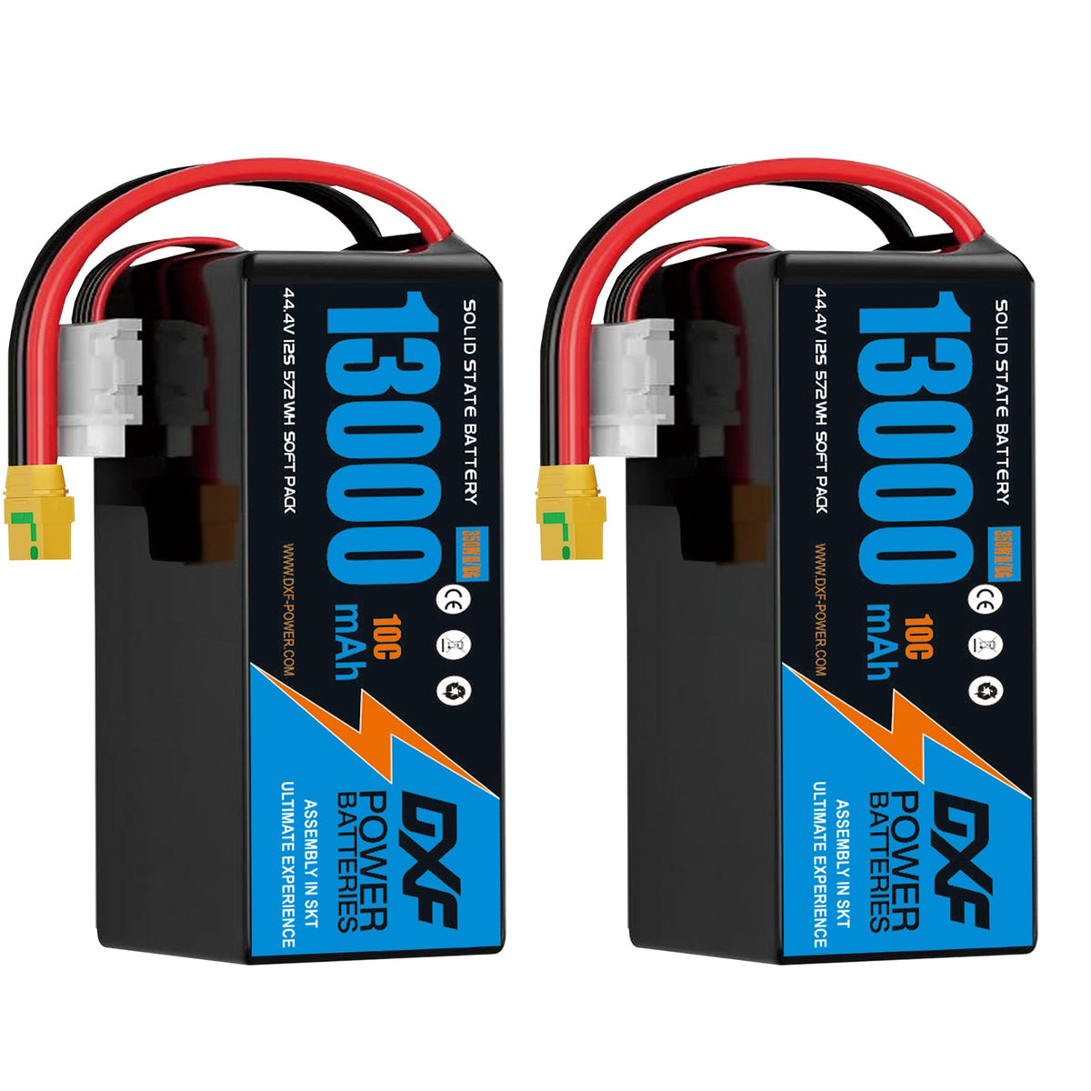 DXF SEMI-SOLID 12S 44.4V 13000mAh 10C Soft Case LiPo Battery with 8AWG Wire for UAVs & Drones (1-6 Pack)